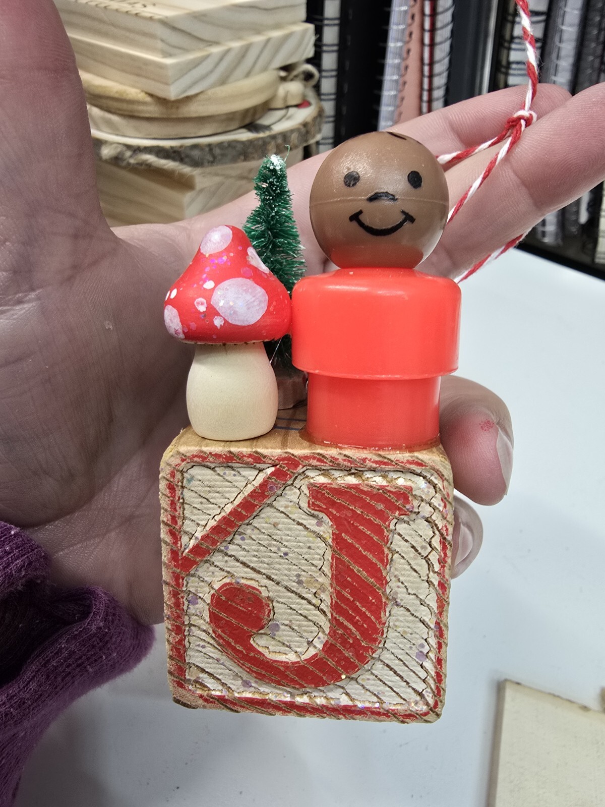 Vintage building block  Fisher Price Little People Christmas Ornament Letter J