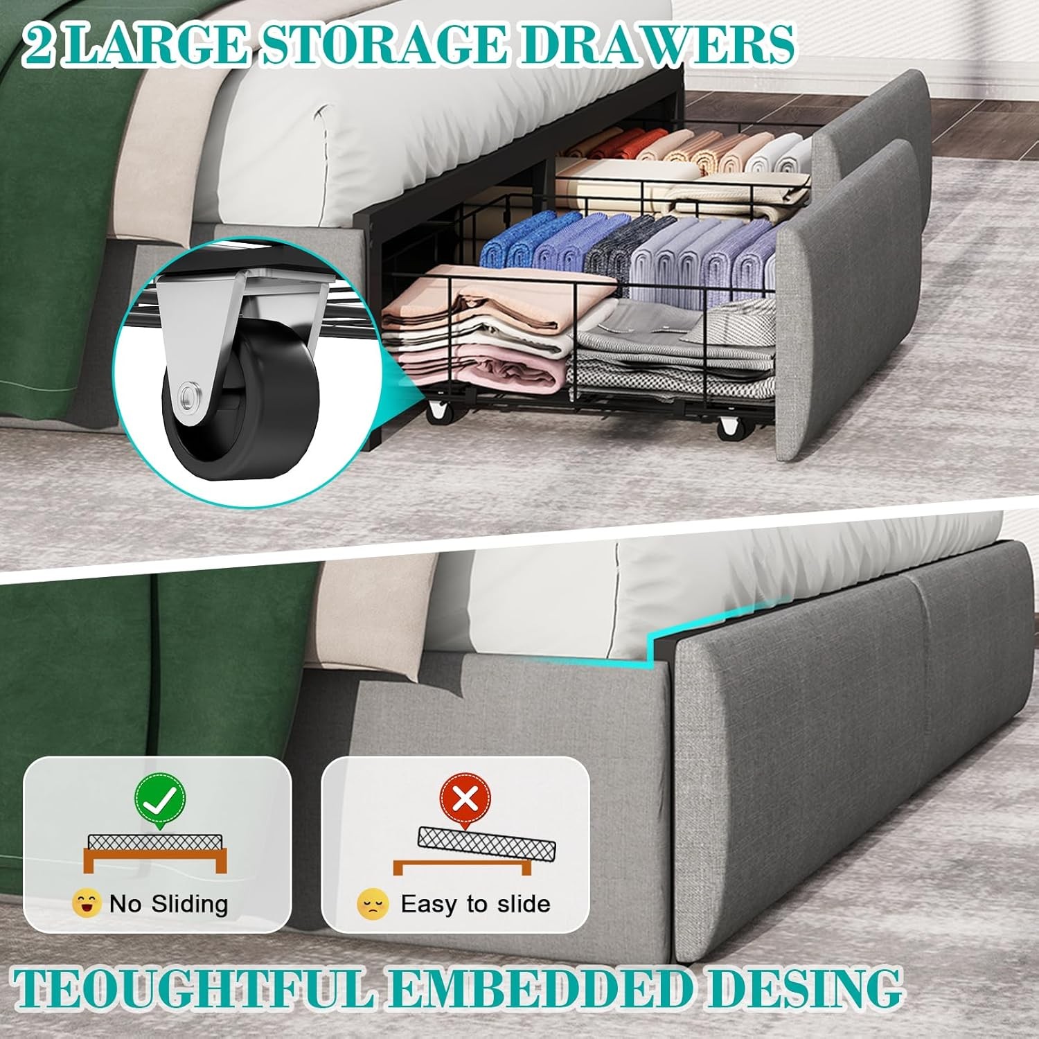 Full Queen Metal Bed Frame with Storage Drawers & Upholstered Storage Headboard