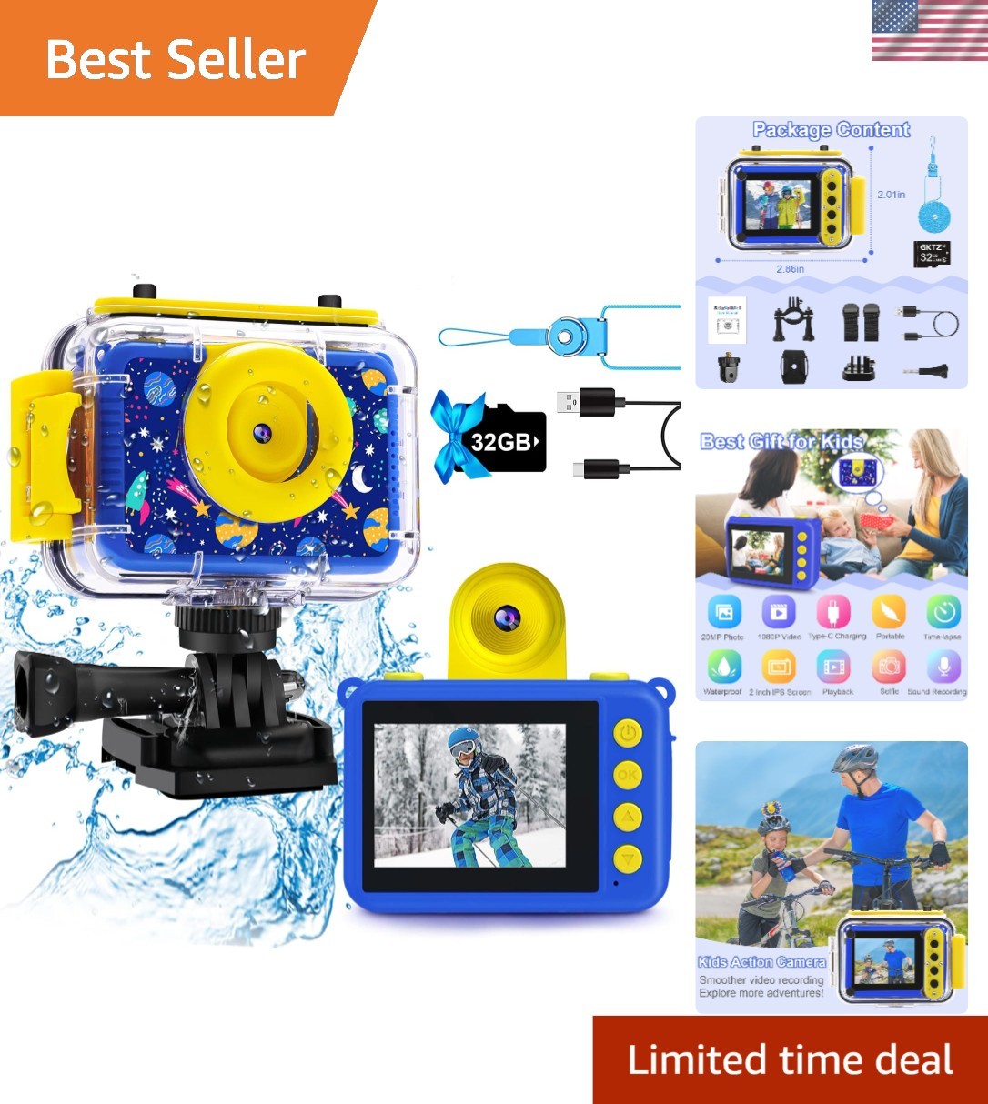 Kids Action Waterproof Camera: Capture Pool Adventures with 20MP & Fun Frames