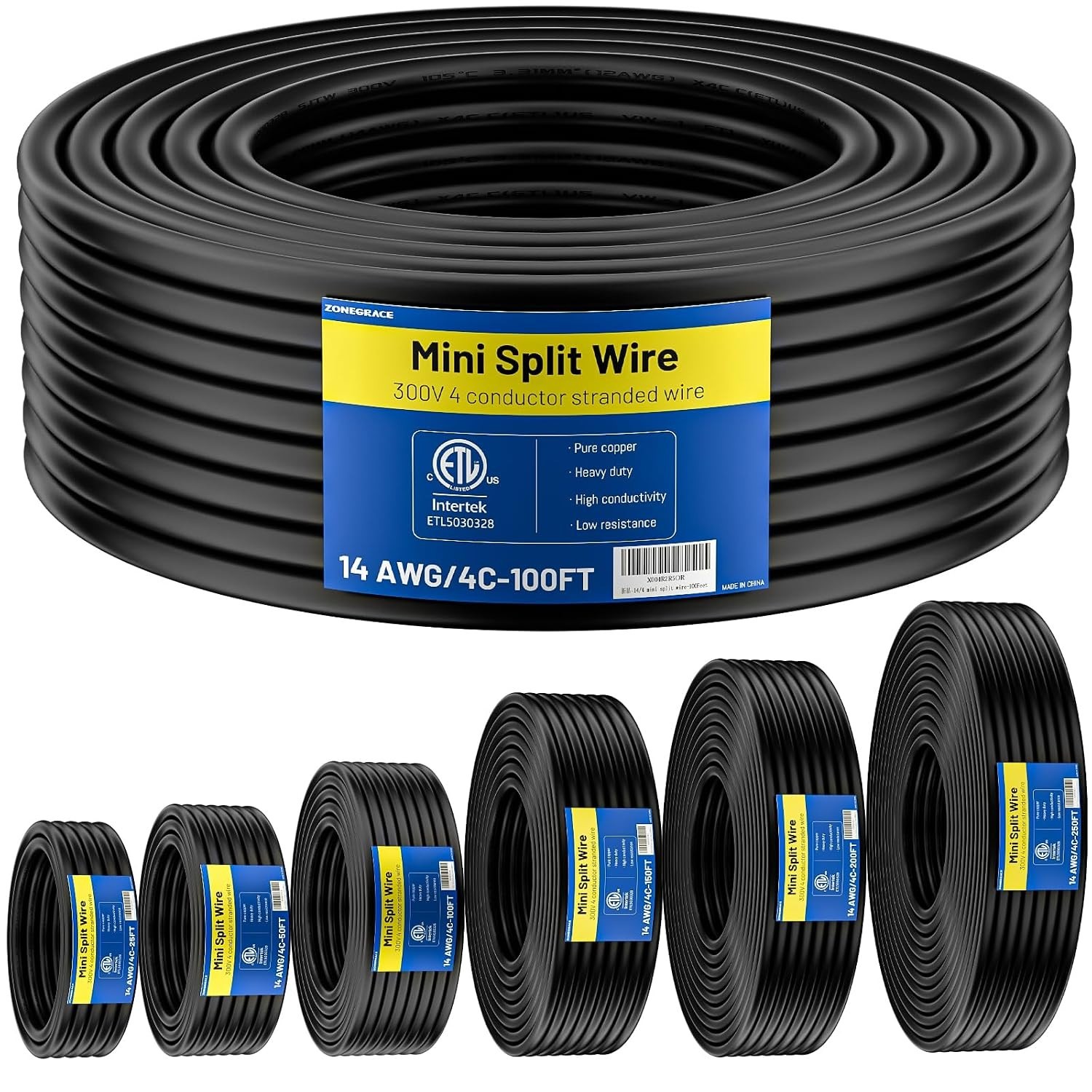 14/4 Mini Split Cable 200FT, 14 AWG 4 Conductor Control Stranded Pure Copper ETL
