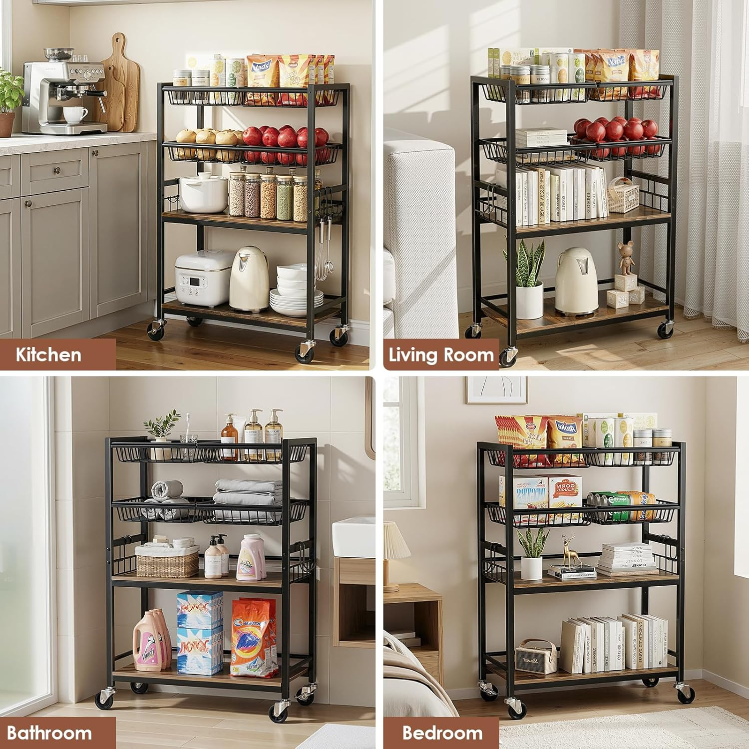 Fruit Vegetable Storage Cart, 4-Tier Rolling Kitchen Storage Cart, Fruit & Veget