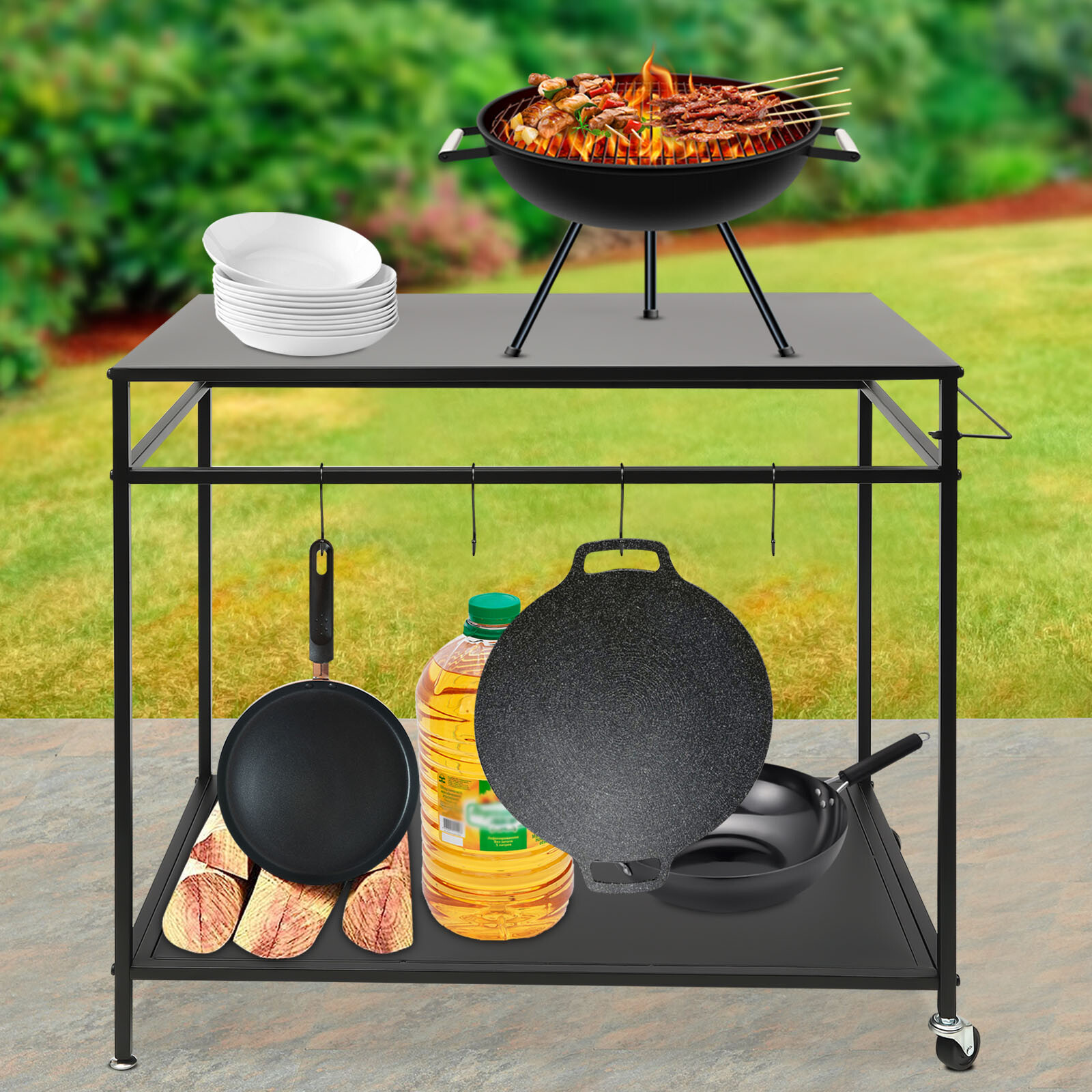 Kitchen BBQ Food Prep Work Cart Table Stand Mobile Storage Rack Grid Panel 2Tier