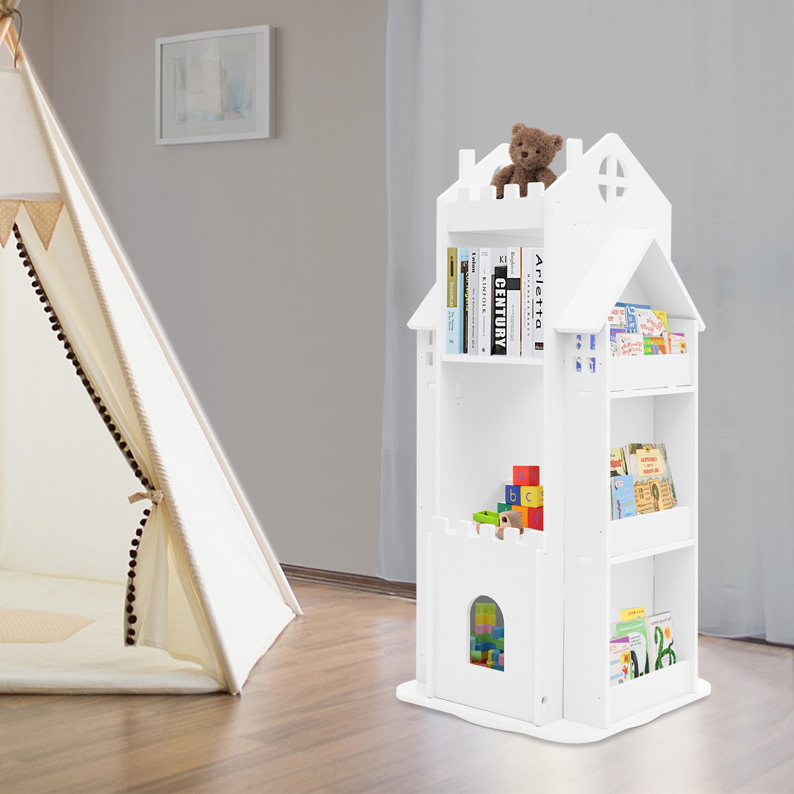 White Rotating Bookcase Kids Room Bookshelf Study Room Storage Display Shelf
