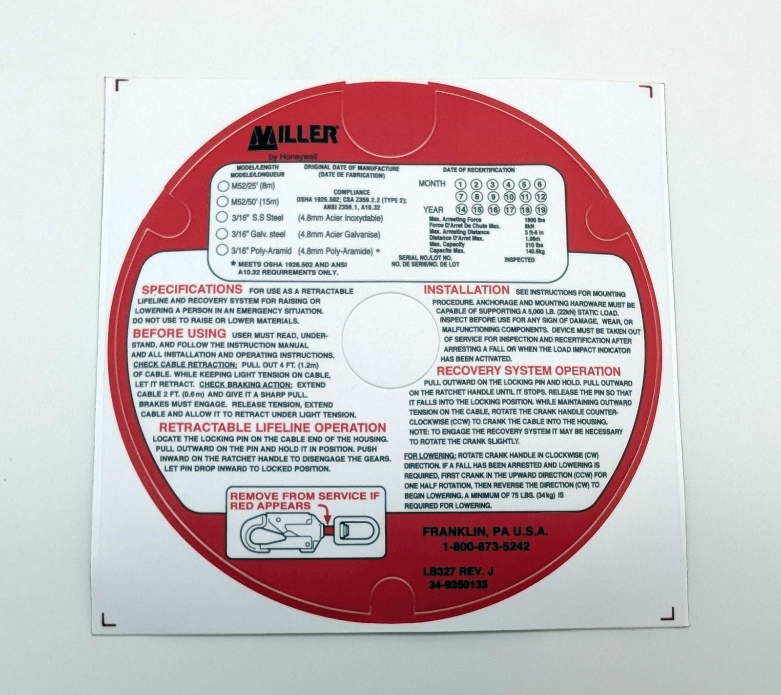 Miller 6350134/20 M52 Front Label Replacement Miller Honeywell Fall Protection