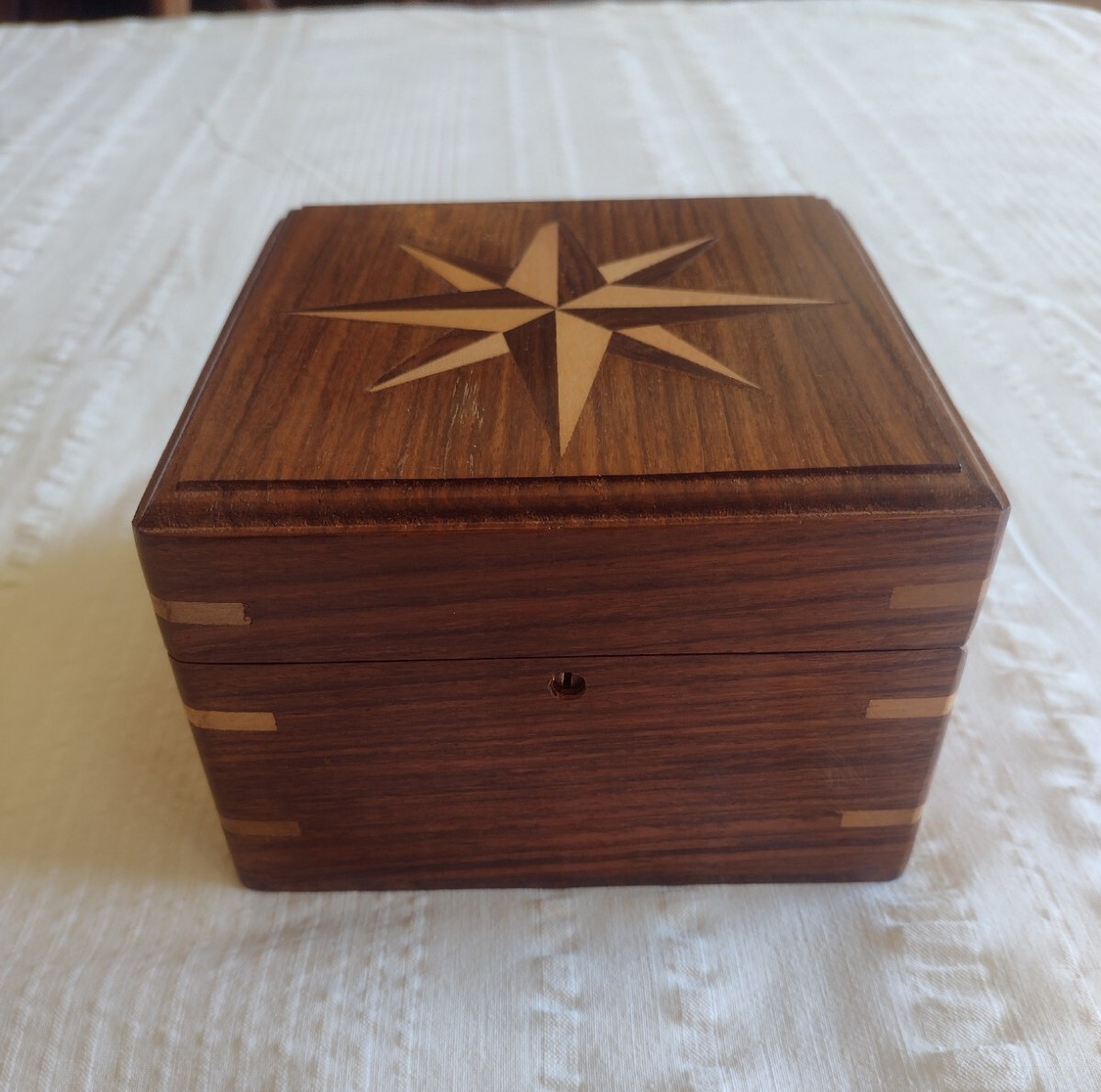 Wood Hinged Box With Compass Inside 4.75" X 4.75" X 3.25"