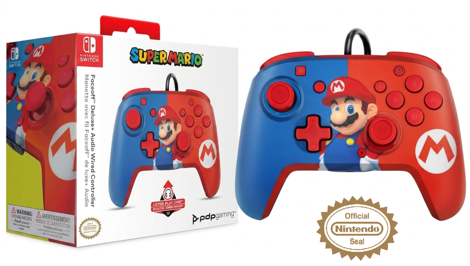 PDP Gaming Faceoff Deluxe+ Wired Switch Pro Controller - Red/Blue Mario Design