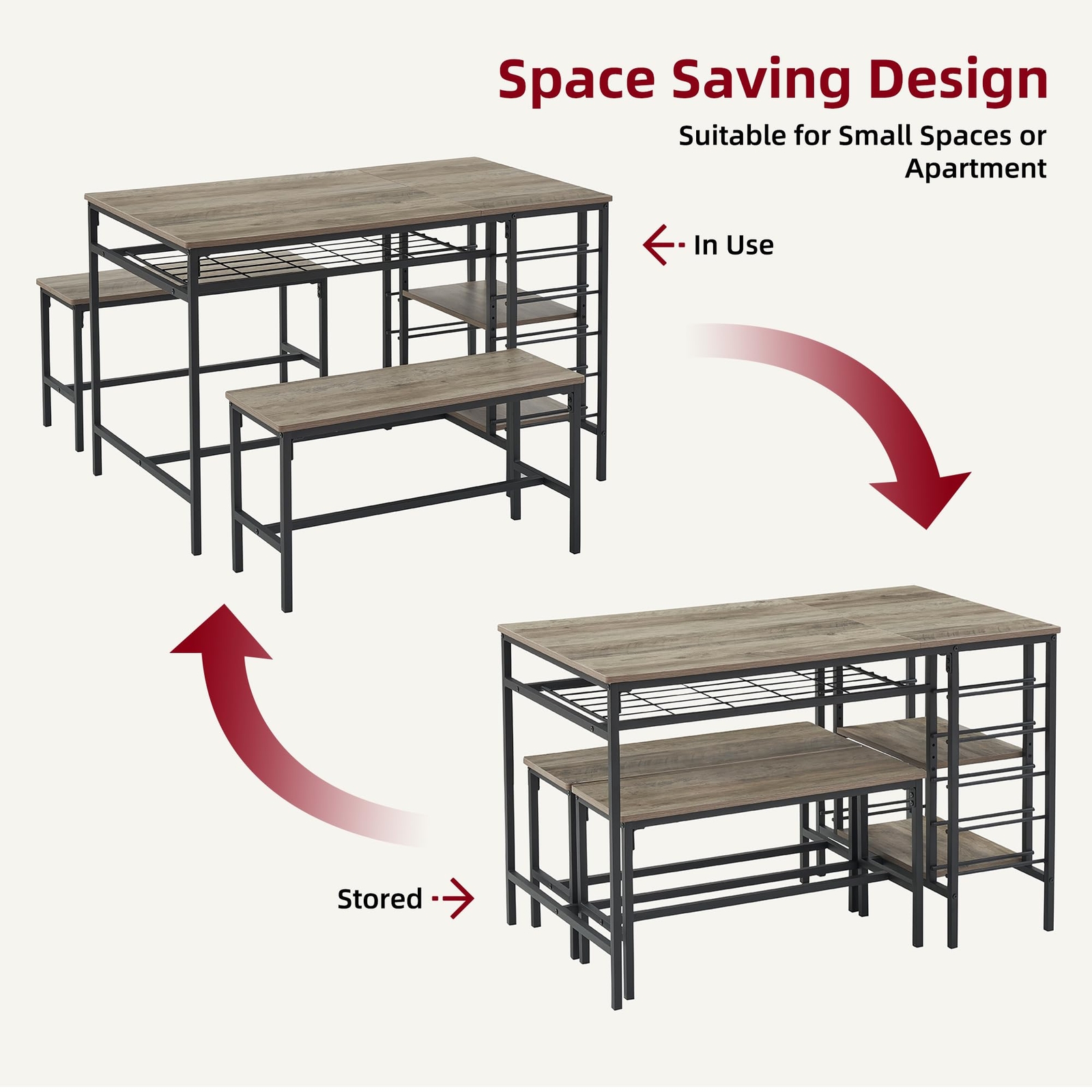 Dining Table Set for 4 Kitchen Table & 2 Benches ,Wine Rack, Storage Shelf ,Grey
