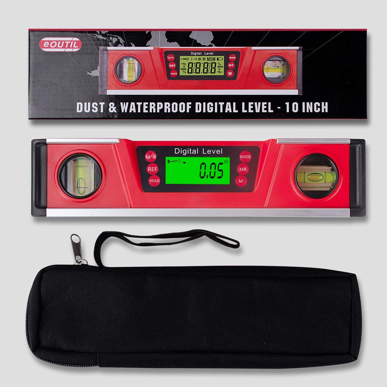 Digital Level and Protractor, 10 Inch IP54 Protected Electronic Bubble Red