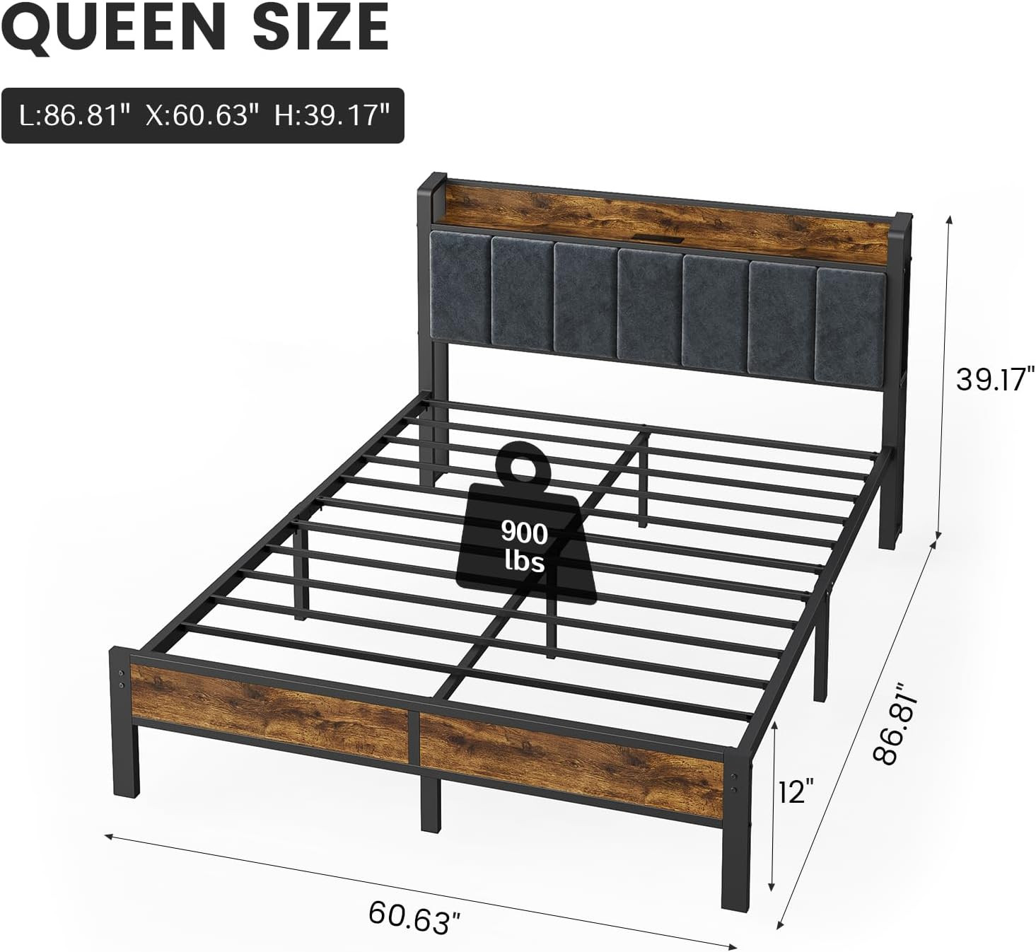 PROTEA Queen Size Bed Frame with LED Lights and Charging Station, Upholstered St