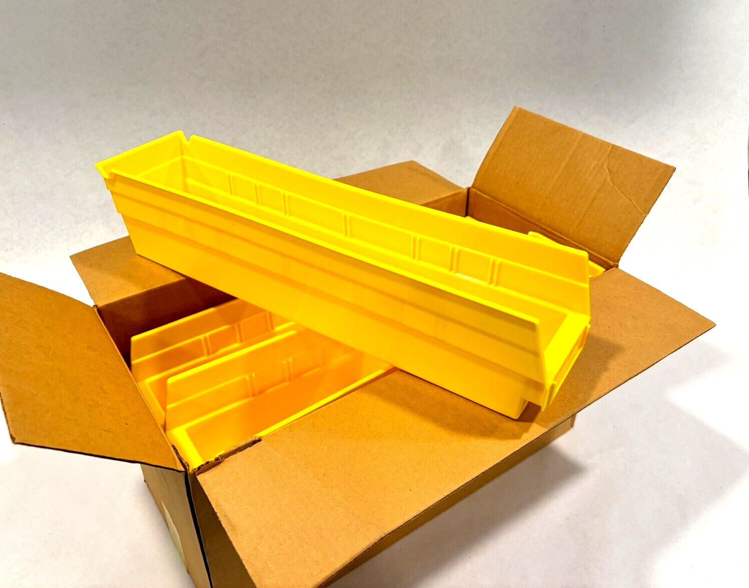 Lyon Yellow Plastic Shelf Storage Bins 18"L x 4"W x 4" H, 18x4x4, LOT OF 12