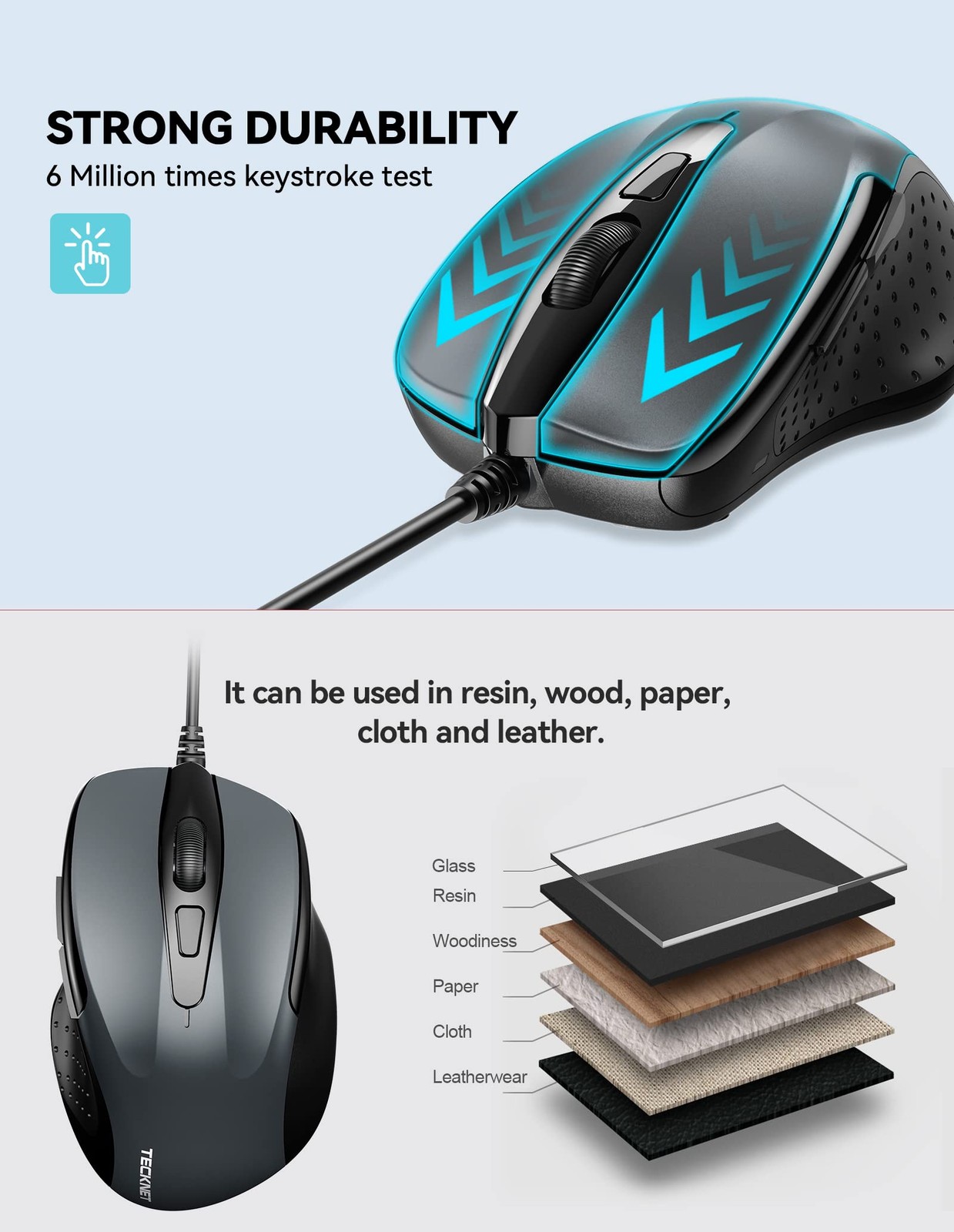 TECKNET USB Wired Mouse, 6-Button Corded Computer Mouse with 4 GRAY