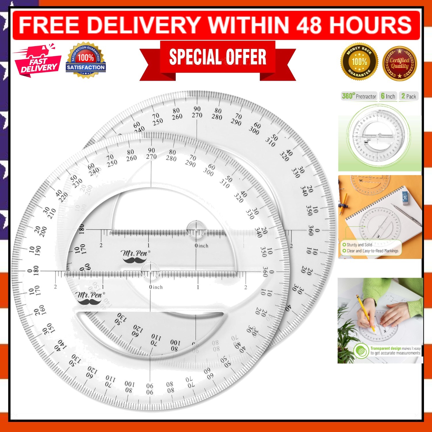 Dual Pack of 6-Inch 360° Clear Protractors for Accurate Drafting and Geometry