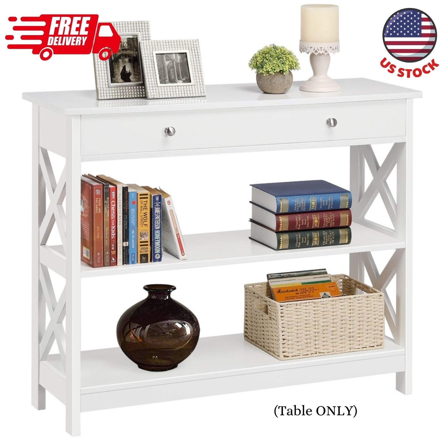 3-Tier X-Design Wood Console Table with Storage Drawer, White