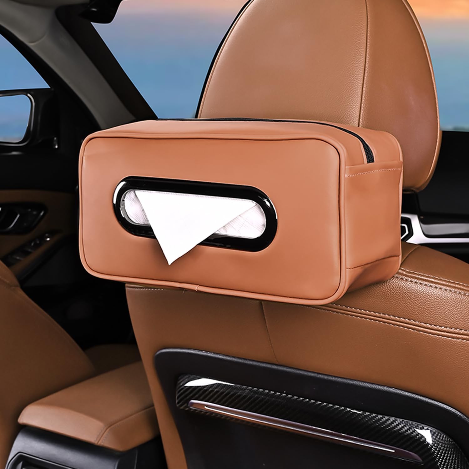 1 PCS Car Tissue Holder Universal Soft PU Leather Box OrangeBrown