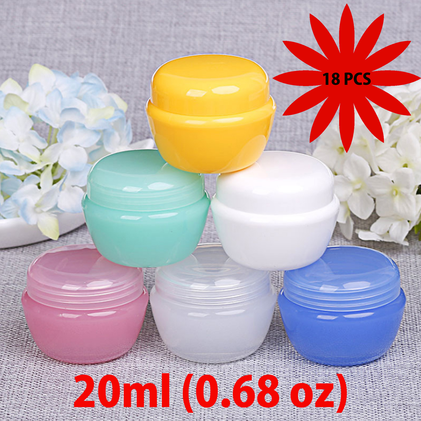 18 Reusable Empty Travel Toiletry Containers w/ Lids of Varied Colors (20 Grams)