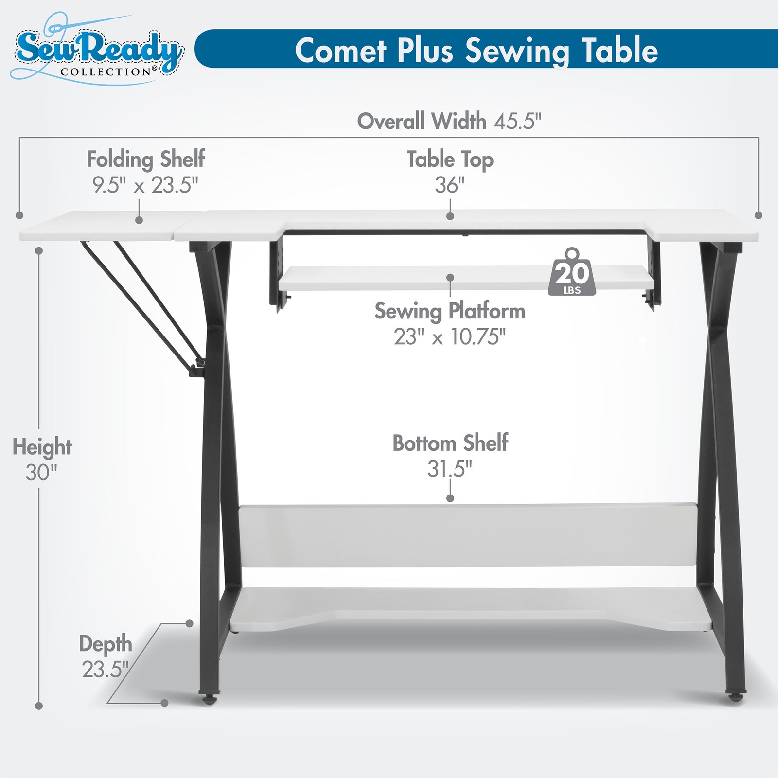 Sew Ready Comet Plus Hobby and Sewing Table with Side & Lower Shelf, Black/White