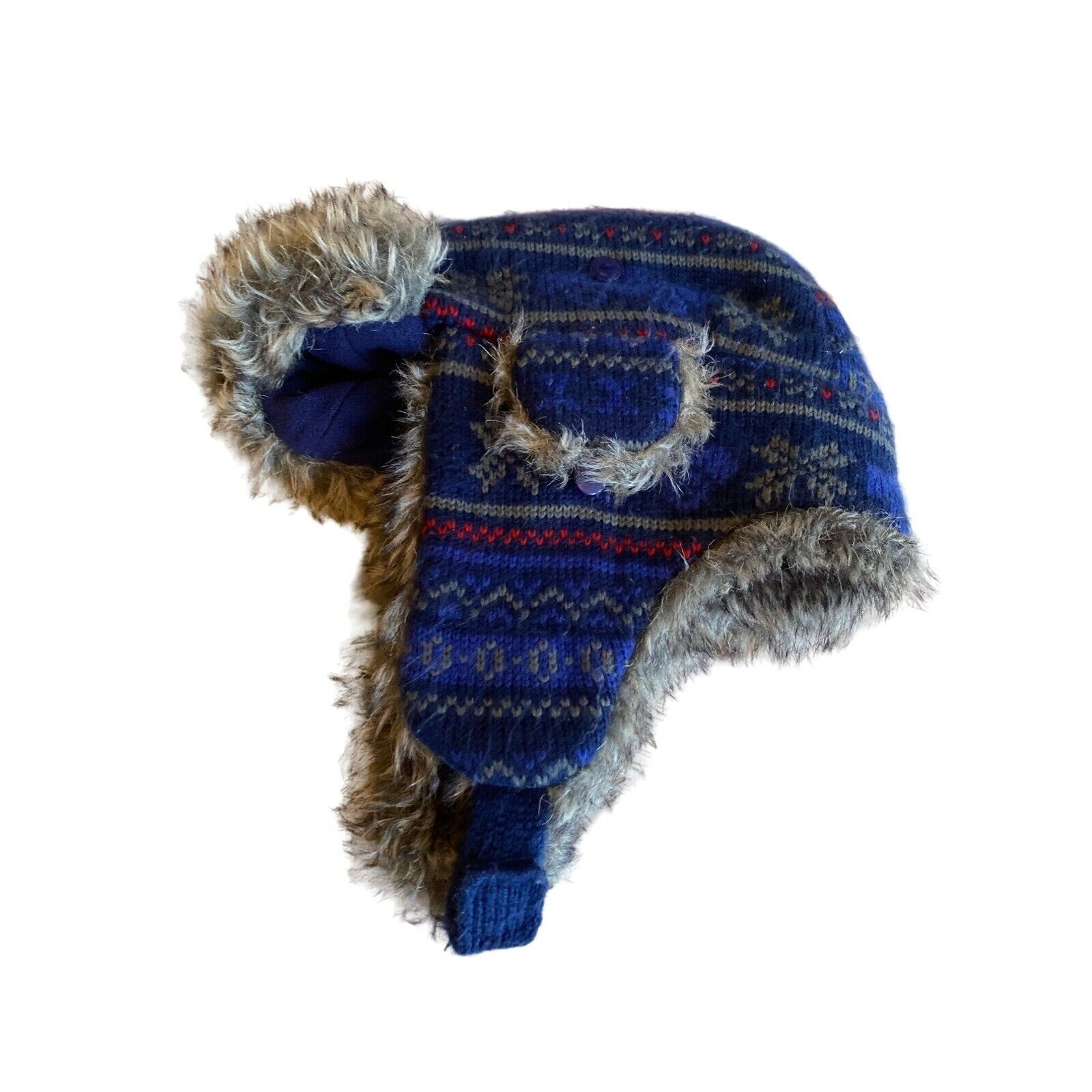 Toby Youth 2-4 Blue Trapper Fair Isle Nordic Knit Hat Faux Fur Lining Ear Flaps