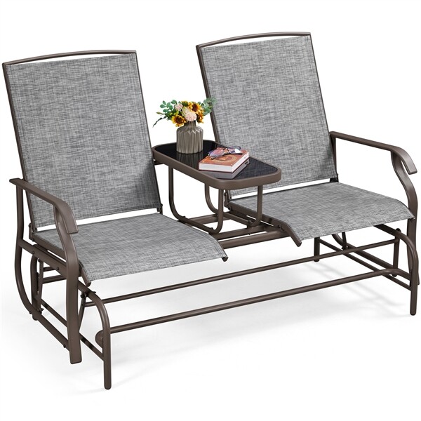 2 Person Patio Glider Bench w/Center Table Mesh Fabric Rocker for Garden Pool