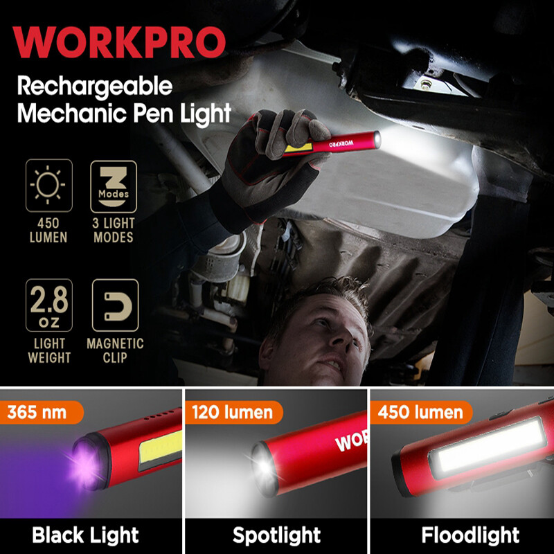 WORKPRO USB Rechargable LED Flashlight UV Black Light 450 Lumen Pocket Pen Light