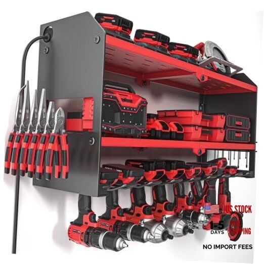 Power Tool Organizer with Charging Station Wall Mount, with Power Strip Red