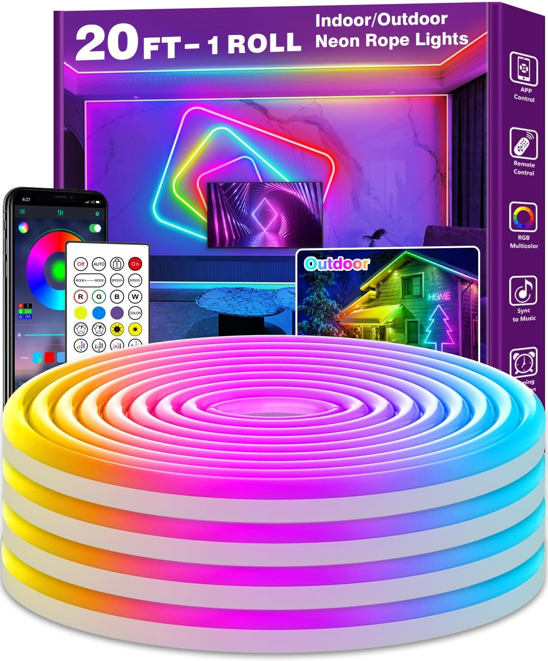 20Ft Neon Rope Lights,Flexible Led Rope Lights Control with App/Remote,Multiple