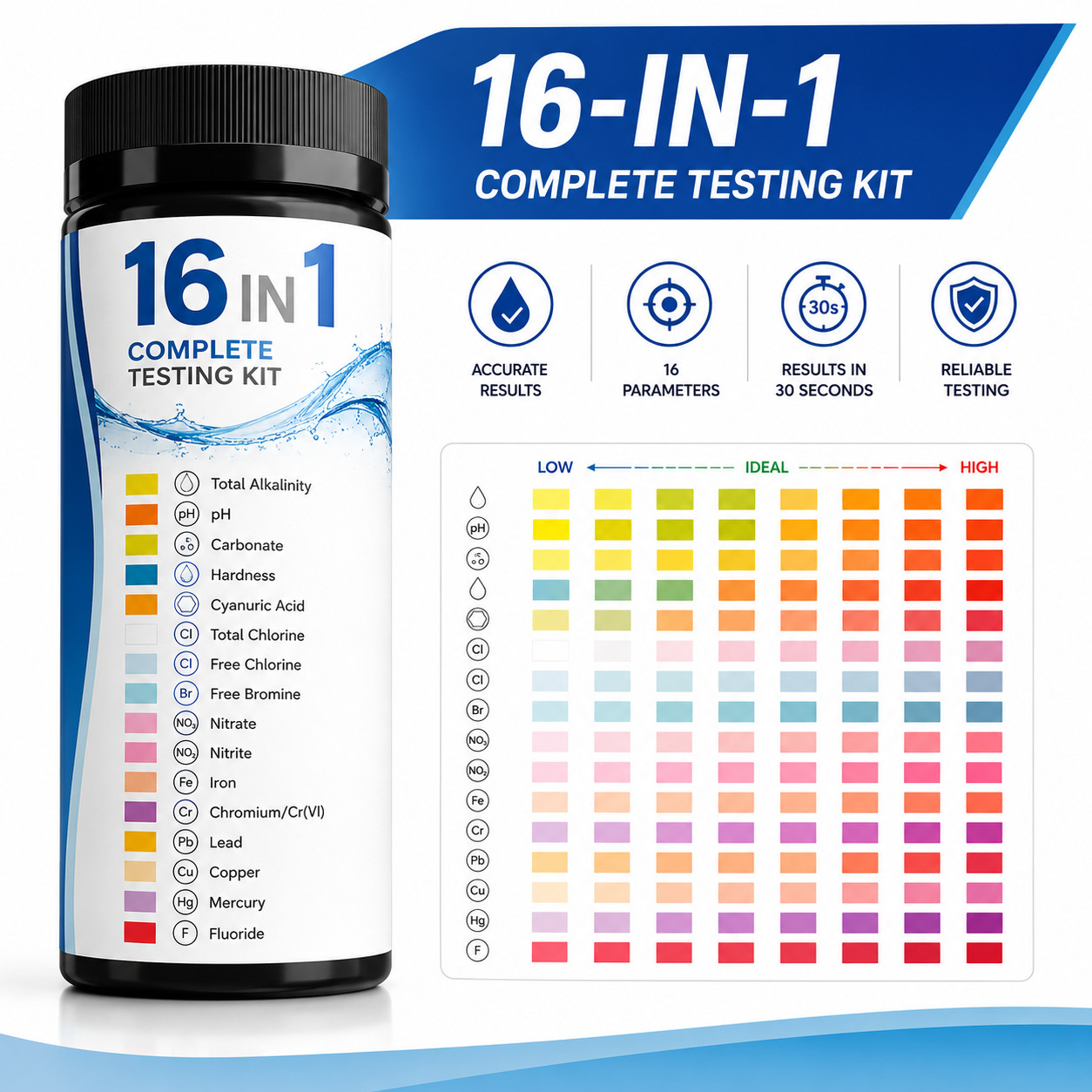 16 In 1 Water Test Kit 100 Count Strips Home Drinking Tap Water Quality Test US