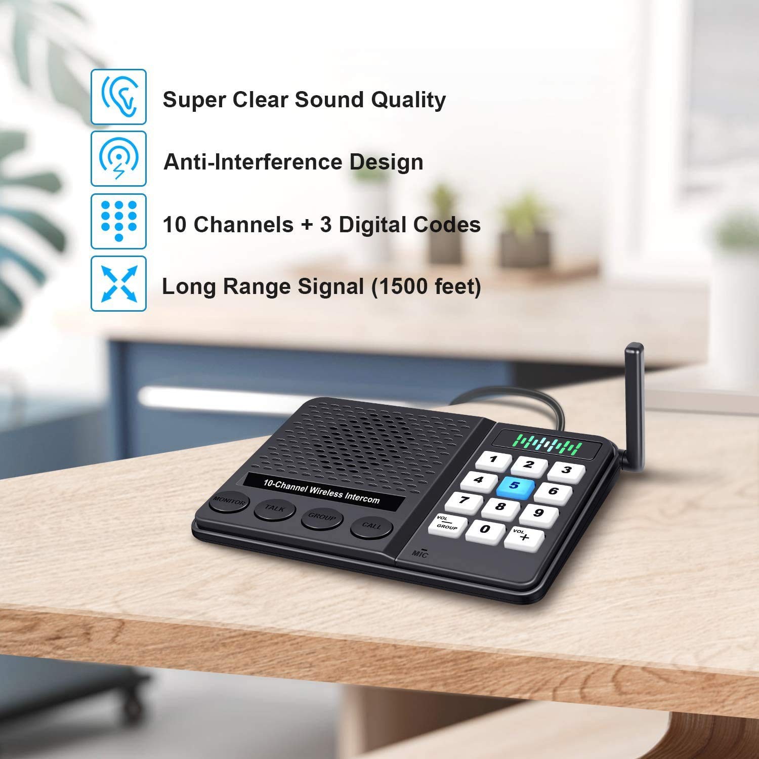 Intercoms Wireless for Home - 10 Channel 3 Privacy Code 2 Pack, Black White
