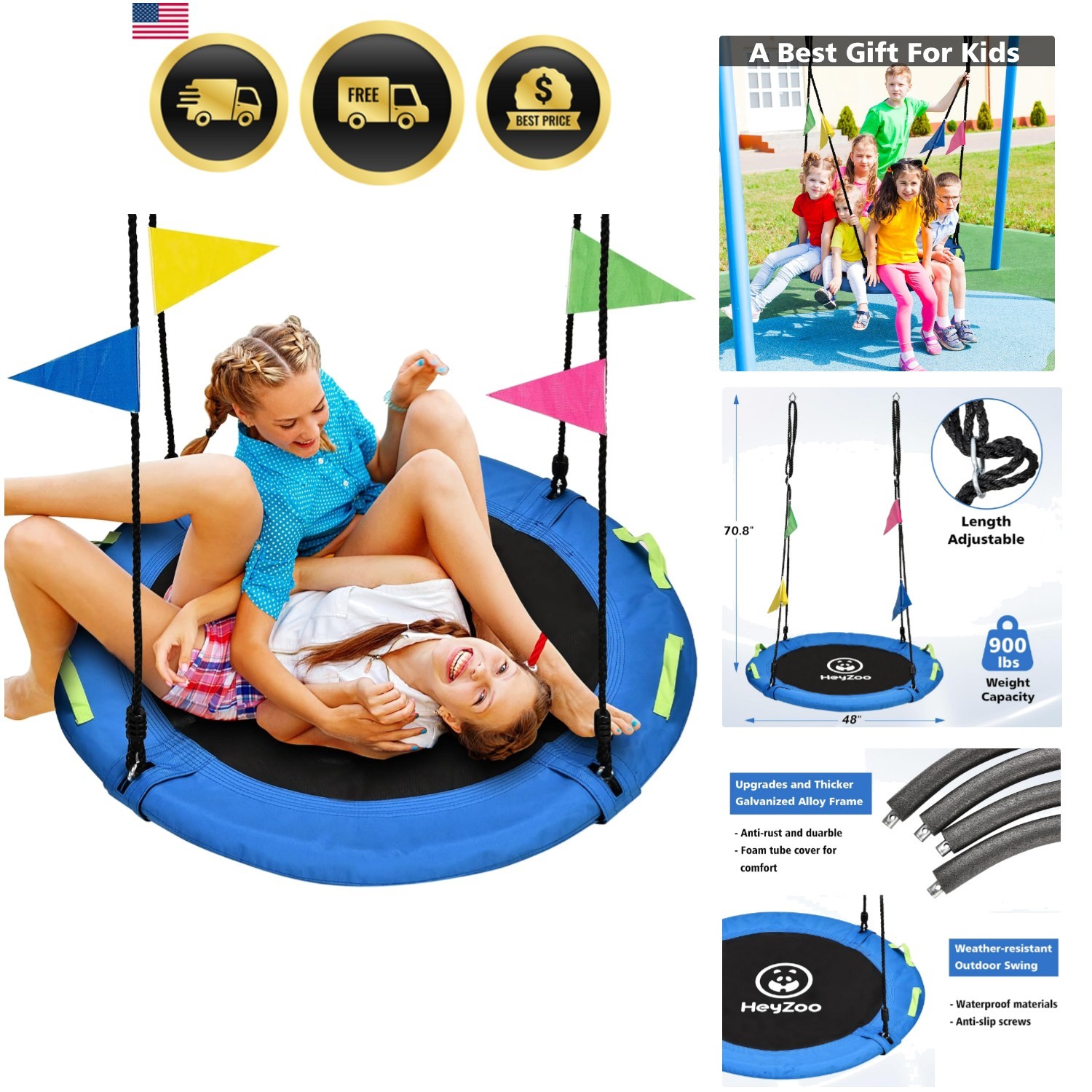48 inch Tree Swing, Larger Saucer Flying Swing for Whole Family, 900lbs Weigh...