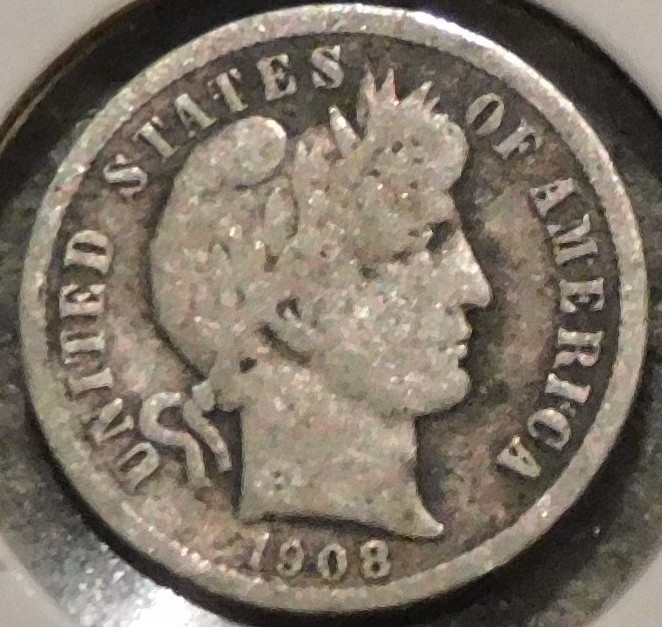 Silver Dime - Barber - 1908 (Spotty tarnish) - Set Break