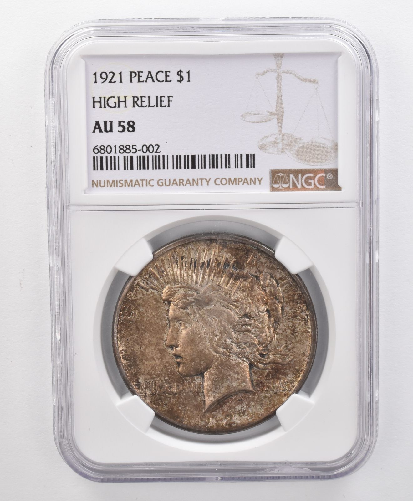 AU58 1921 Peace Silver Dollar High Relief NGC Beautifully Toned *1978