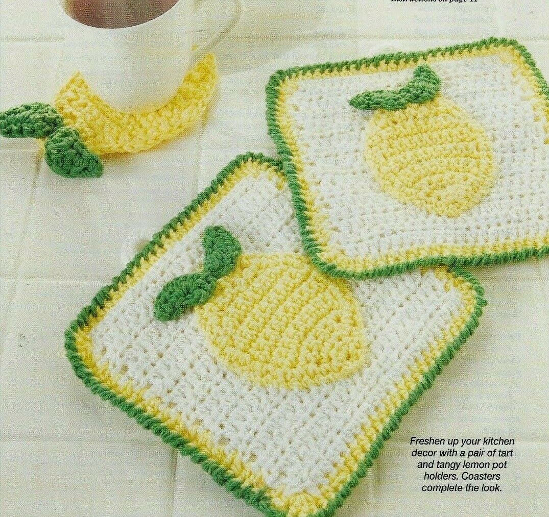 LEMON POT HOLDER SET & COASTER HOME DECOR CROCHET PATTERN INSTRUCTIONS