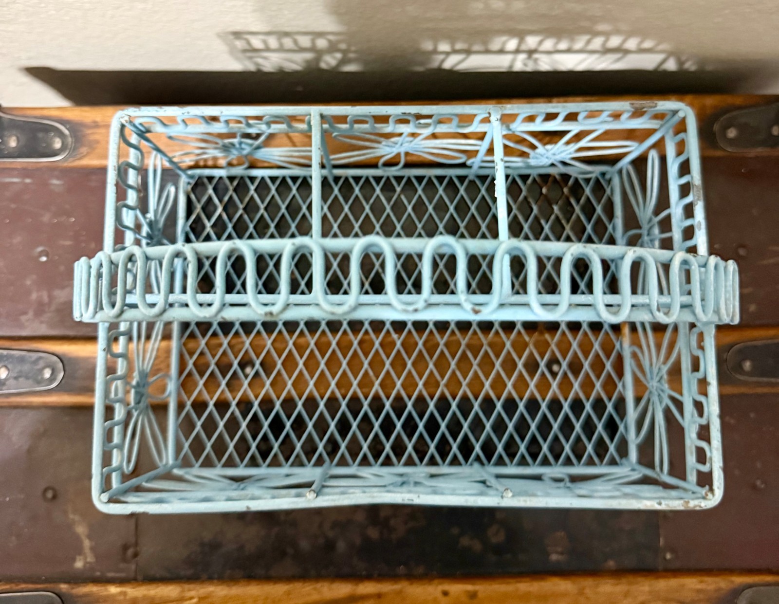 Vintage Metal Covered Sectional Spring Rustic Basket Eggshell Blue