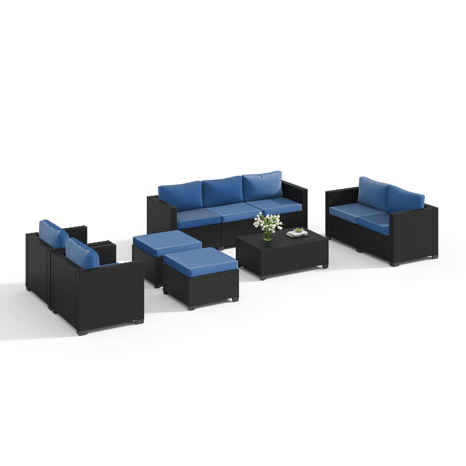 7-Piece Black Rattan Sofa Set w/ Storage Coffee Table Navy Blue 9-Seat