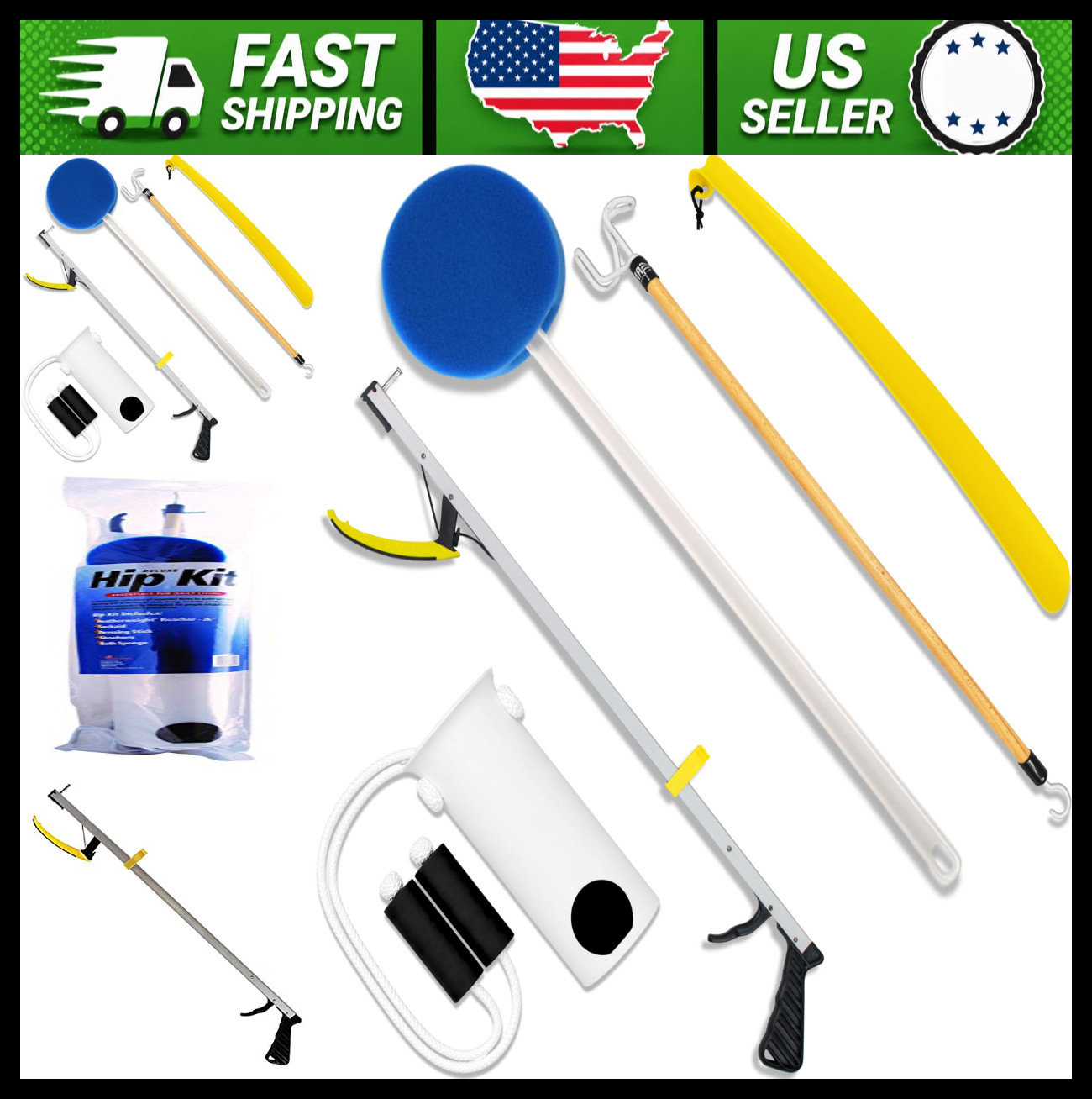 RMS 5-Piece Hip Kit Reacher Sock Aid Dressing Stick Bath Sponge Shoe Horn