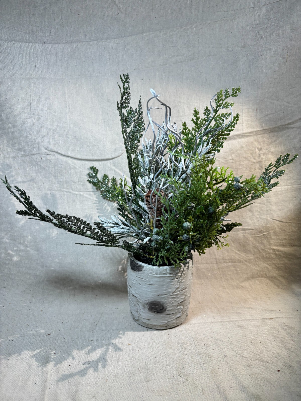 Ceramic Birch Bark Planter With Pine & Pinecone Bouquet Christmas