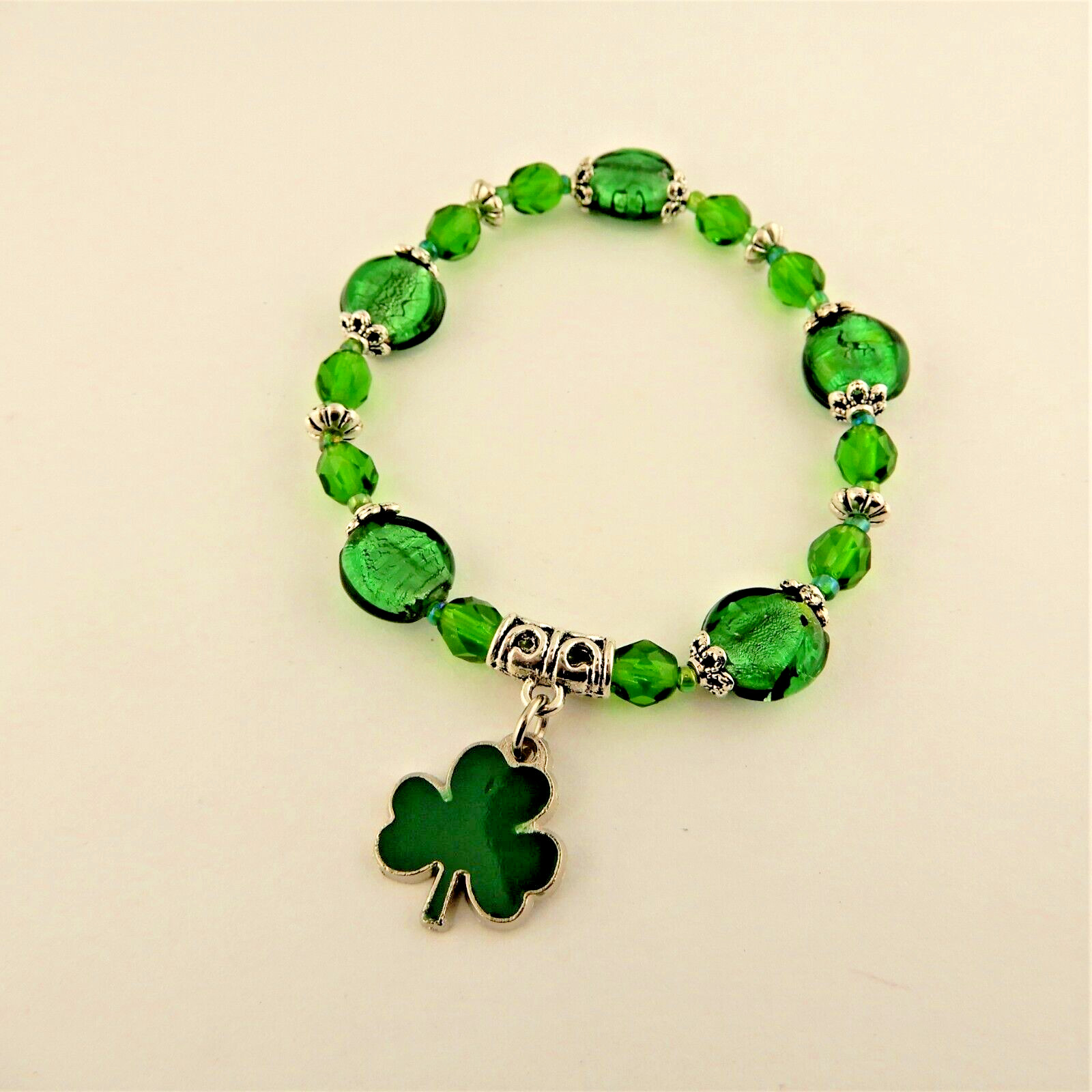 Green Glass Shamrock St. Patrick's Day Stretch Bracelet