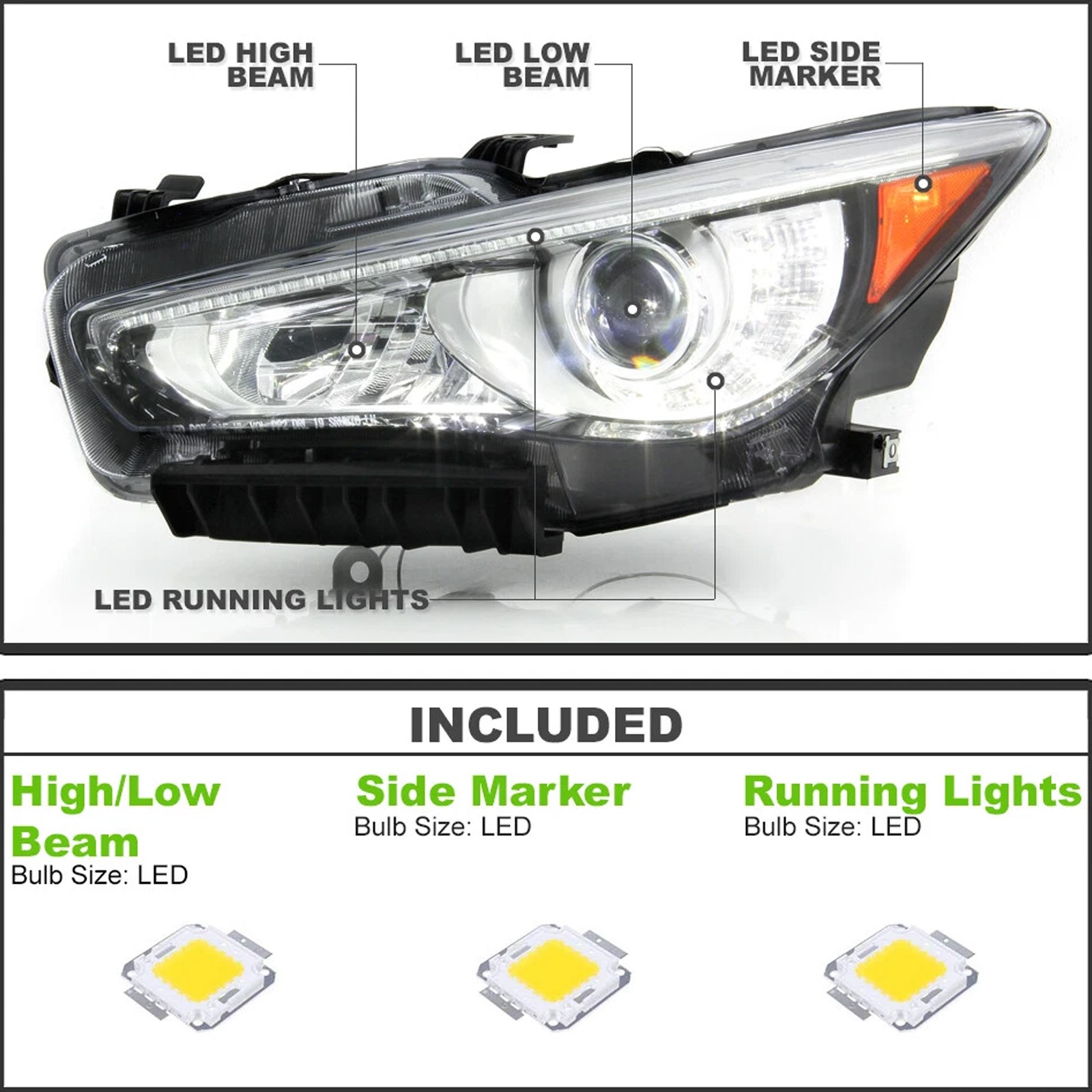 For 2014-2022 INFINITI Q50 w/o AFS Chrome LED DRL Projector Headlight Left Right