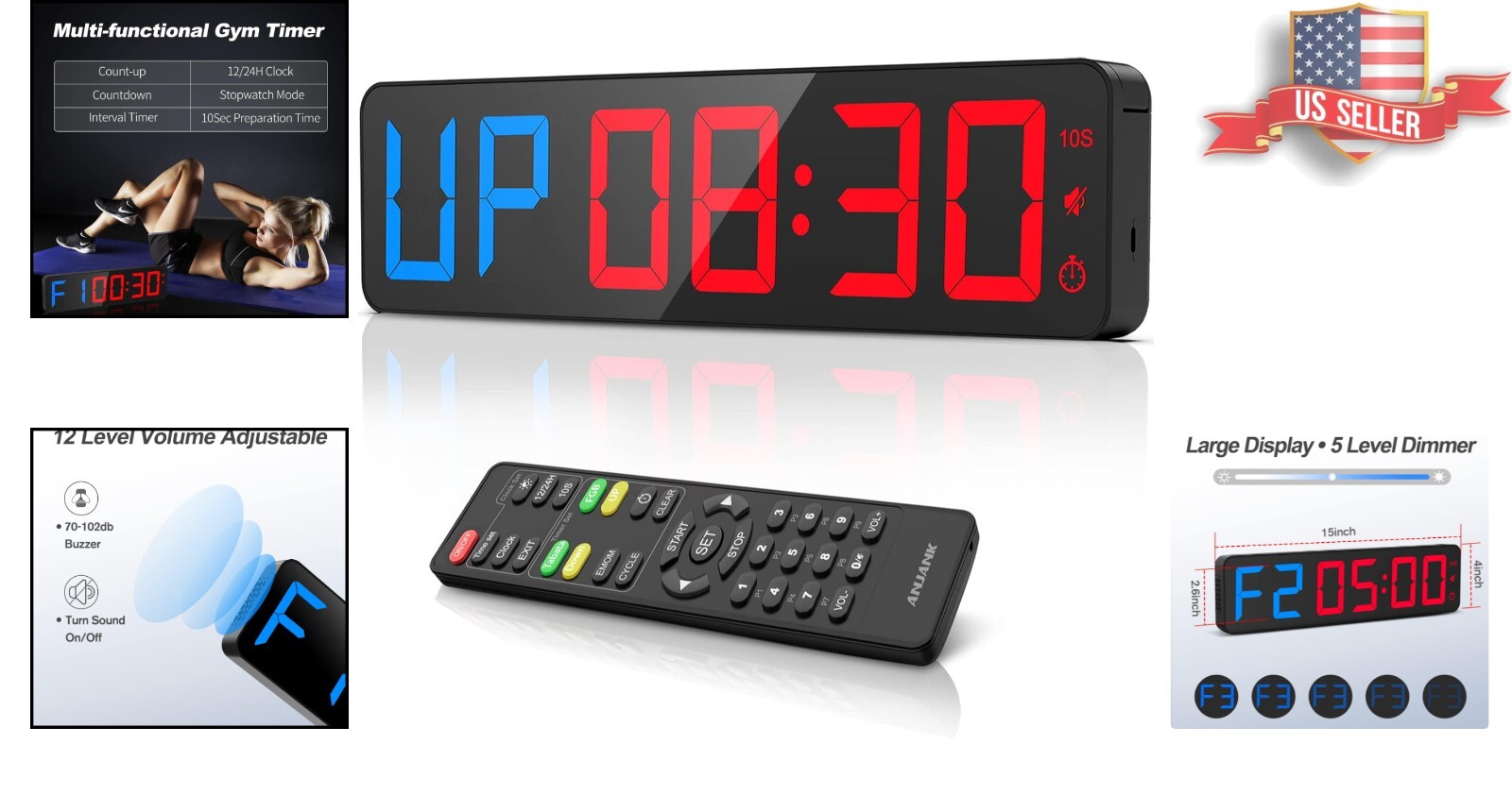 15" LED Gym Timer with Remote - Adjustable Buzzer & Multiple Workout Modes