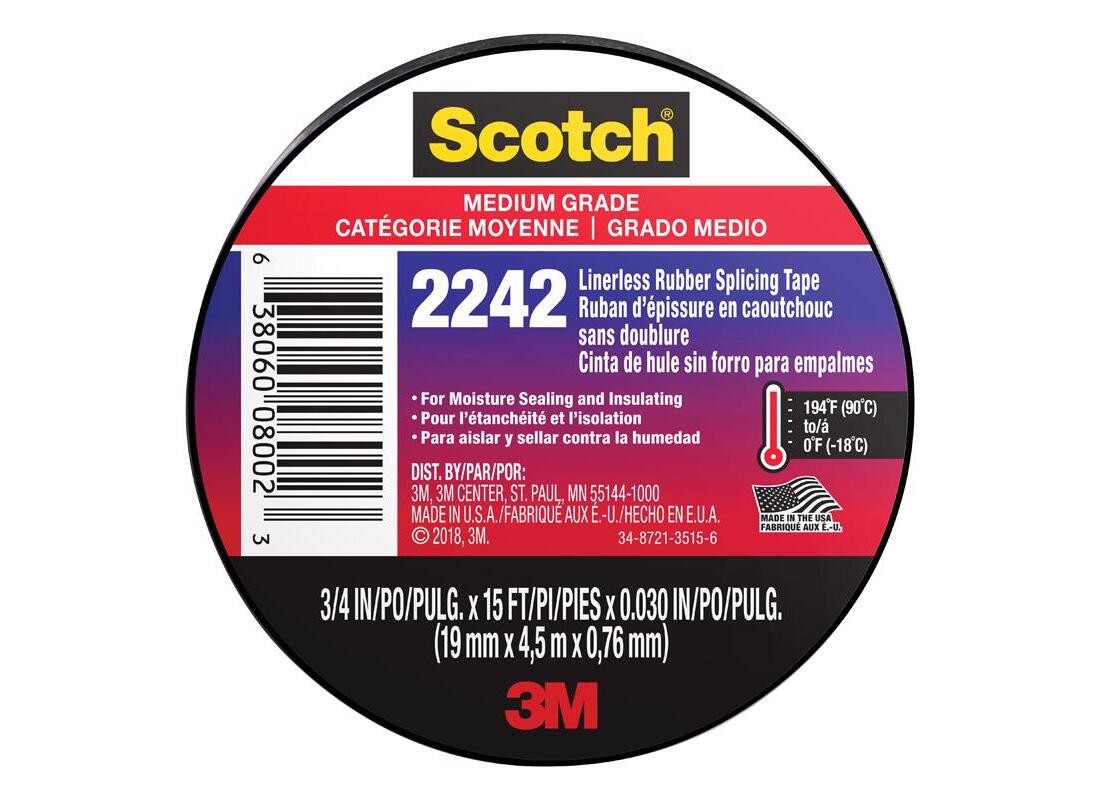SCOTCH 06165 Splicing Tape, 15 ft L, 3/4 in W, Rubber Backing, Black
