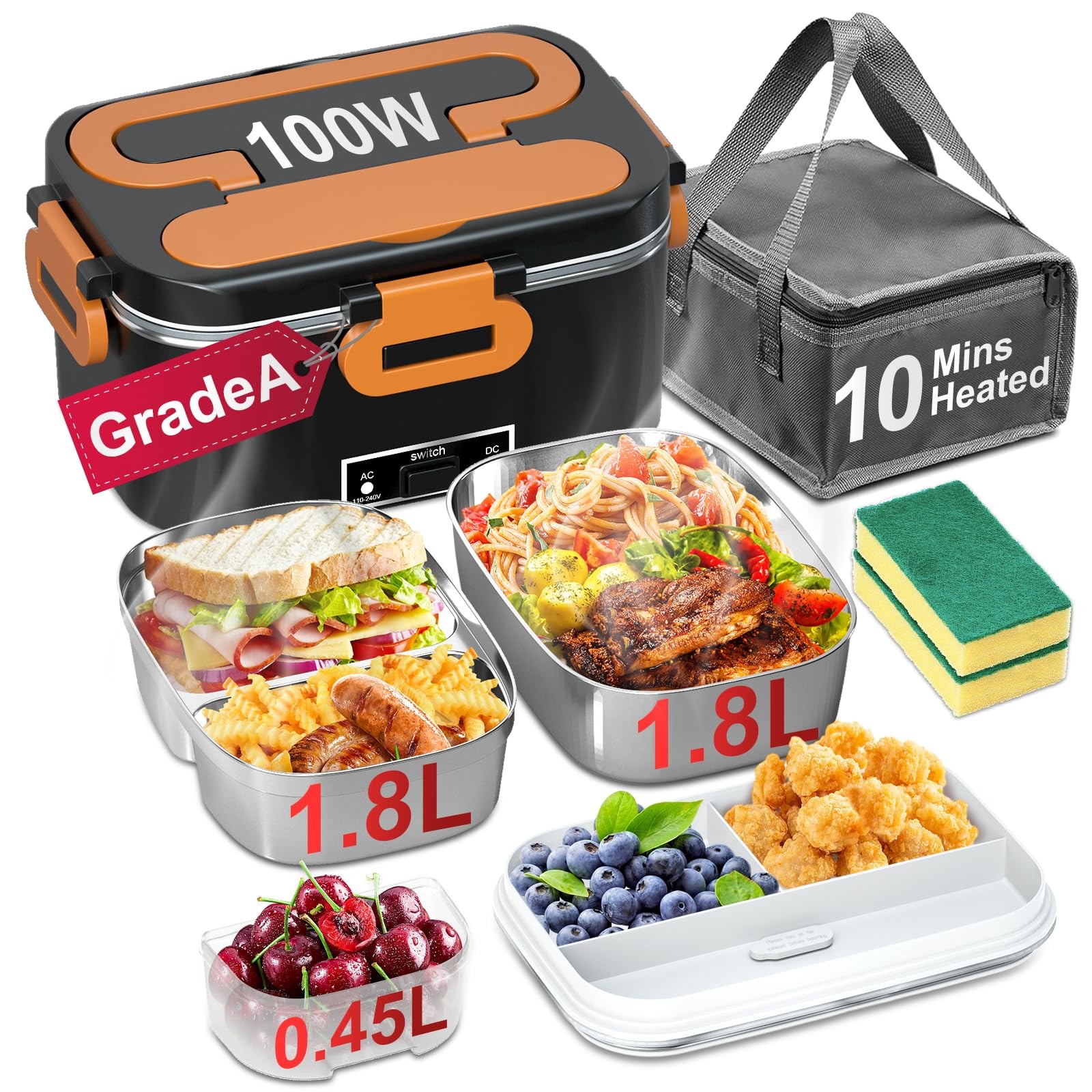 Electric Lunch Box for Adults - 2 Pack 1.8L Container 100W Heated Lunch Box for