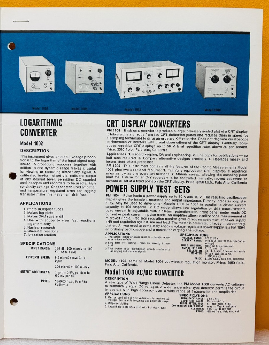 Pacific Measurements PM Model 1009 LOG/LIN RF Power Meter Catalog.