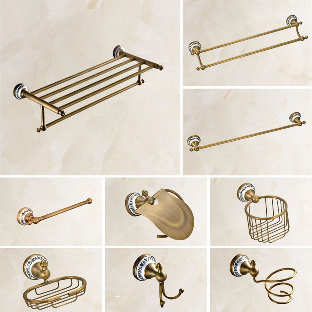 Antique Brass Ceramic Base Bath Hardware Bathroom Accessory Set Towel Shelf Bar