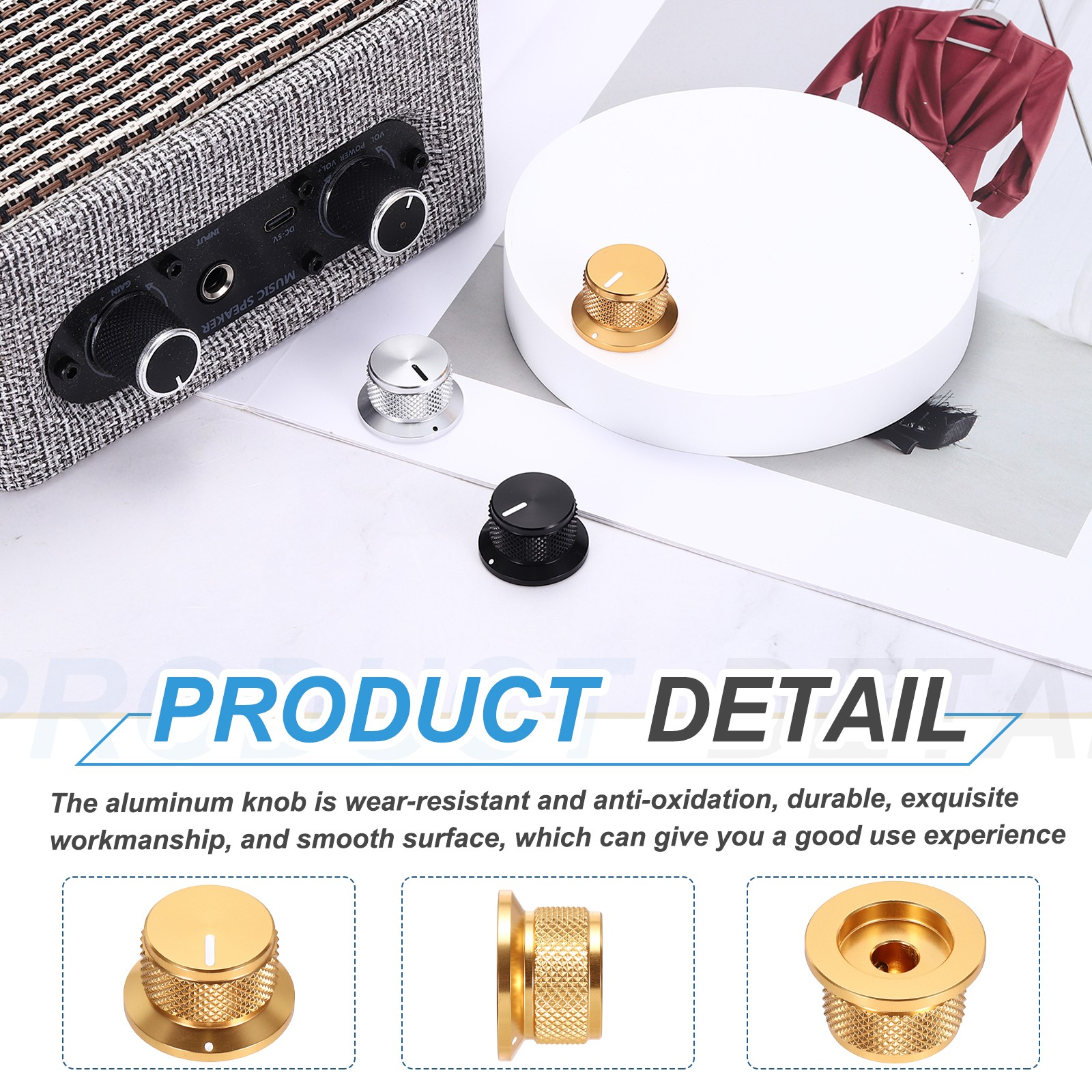 2Pcs Aluminium Knurled Potentiometer Knobs 1/4" Volume Control Top Hats Gold