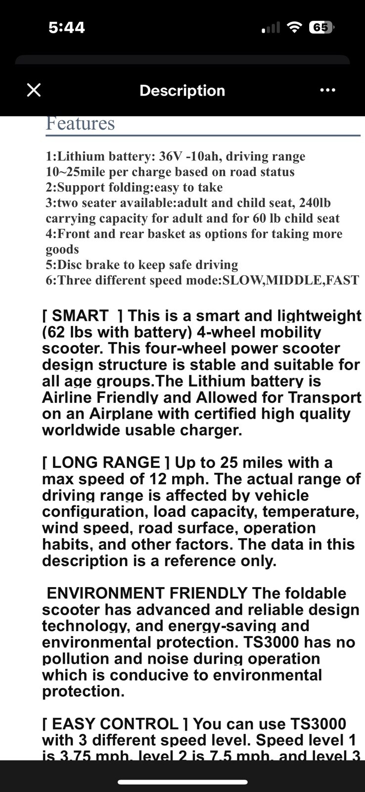 Lightweight Foldable Mobility Scooter Automated Electric Power Scooter (Black)