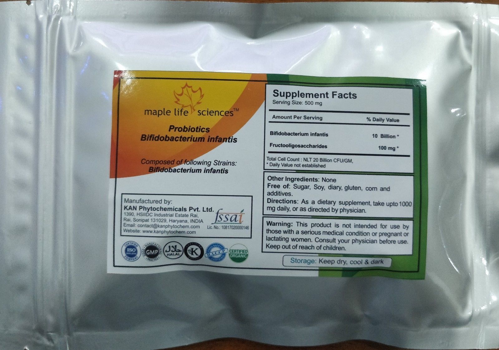 Probiotic blend of Bifidobacterium infantis 20 Billion CFU/GRAM Digestion 12