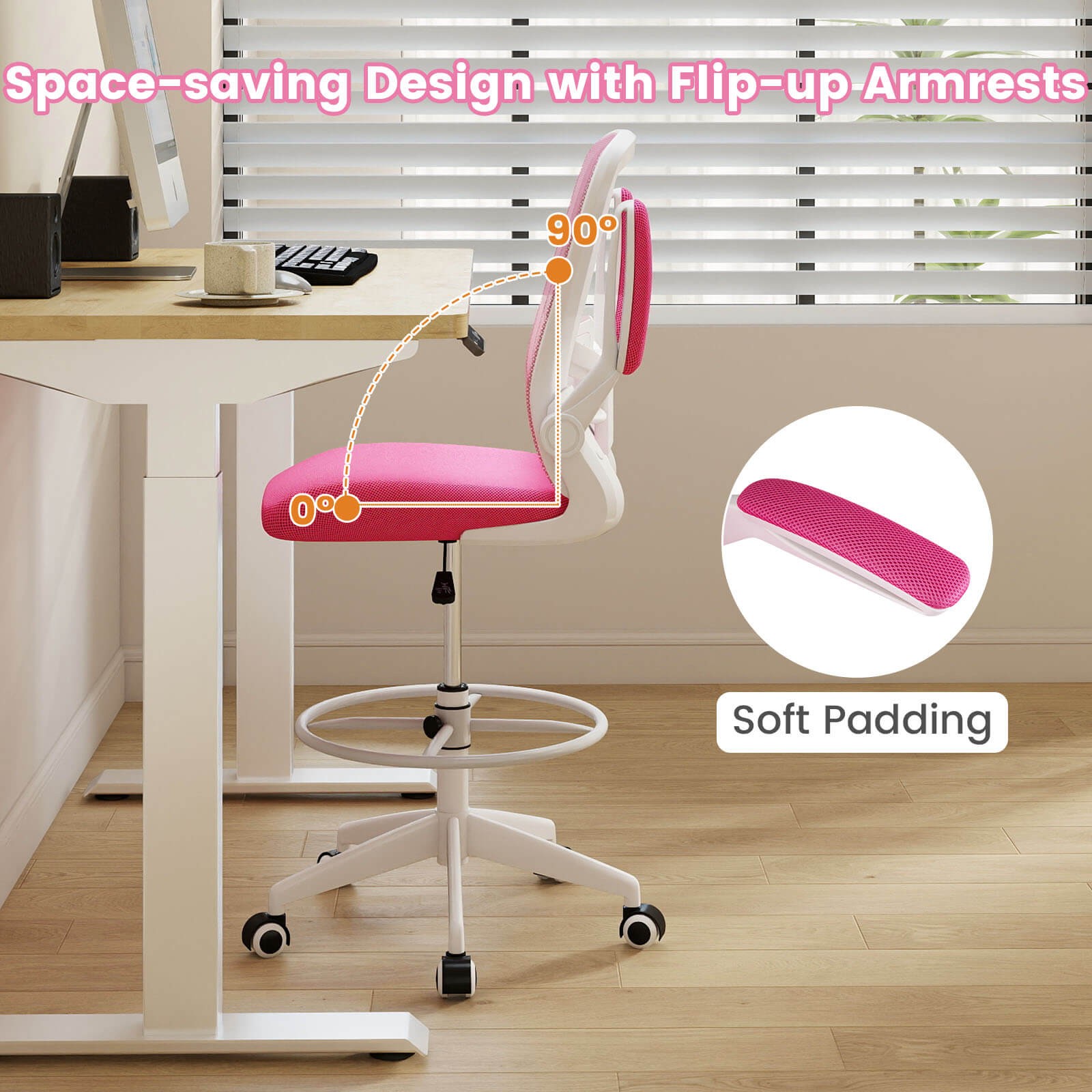 Home Office Drafting Chair w/Flip-Up Armrests Adjustable Footrest Ring for Study