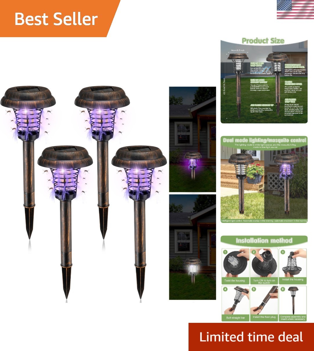 4 Pcs Solar Bug Zapper Waterproof Outdoor Mosquito Zapper Killer and Lighting Re