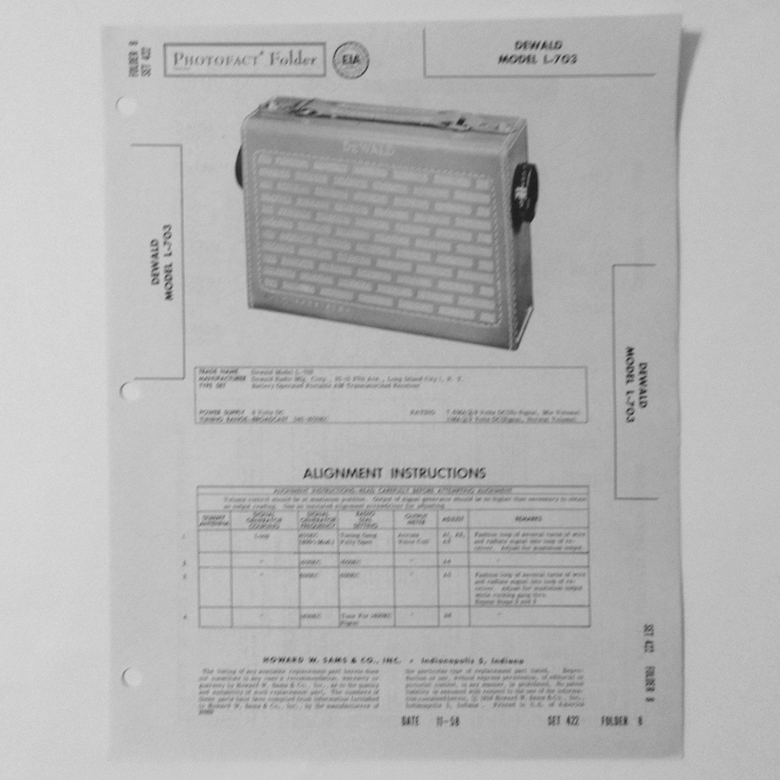Dewald Model L-703 Portable AM Transistor Radio - SAMS Photofact ™ 1958 New