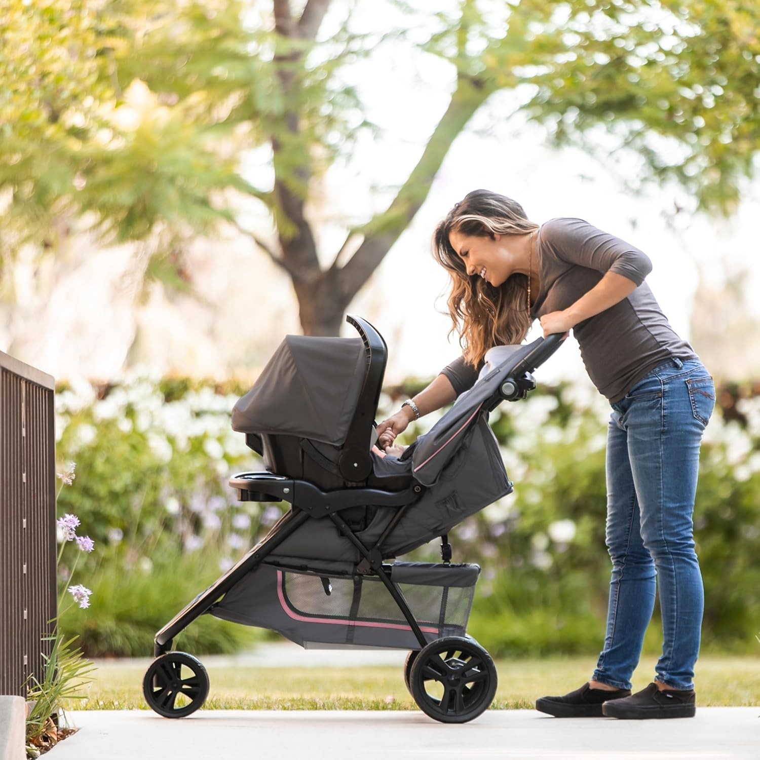 Adjustable Height Stroller with 5 Point Harness and Breathable Polyester Fabric