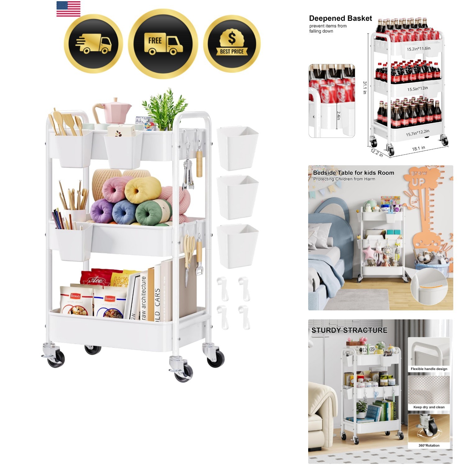 3 Tier Rolling Cart Metal with Wheels, White Three Tiered Craft Cart Organize...